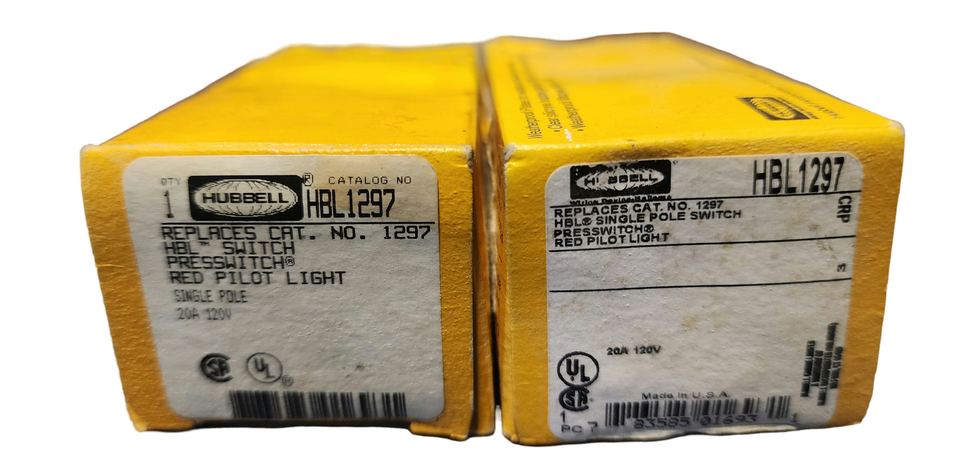 One Hubbell Plate Gray Presswitch 1750.  Two Hubbell Presswitch Red Pilot Light Single Pole 20A 120V HBL1297. Four Hubbell Metal Raceway Receptacle Boxes HBL5745IV, one not sealed.