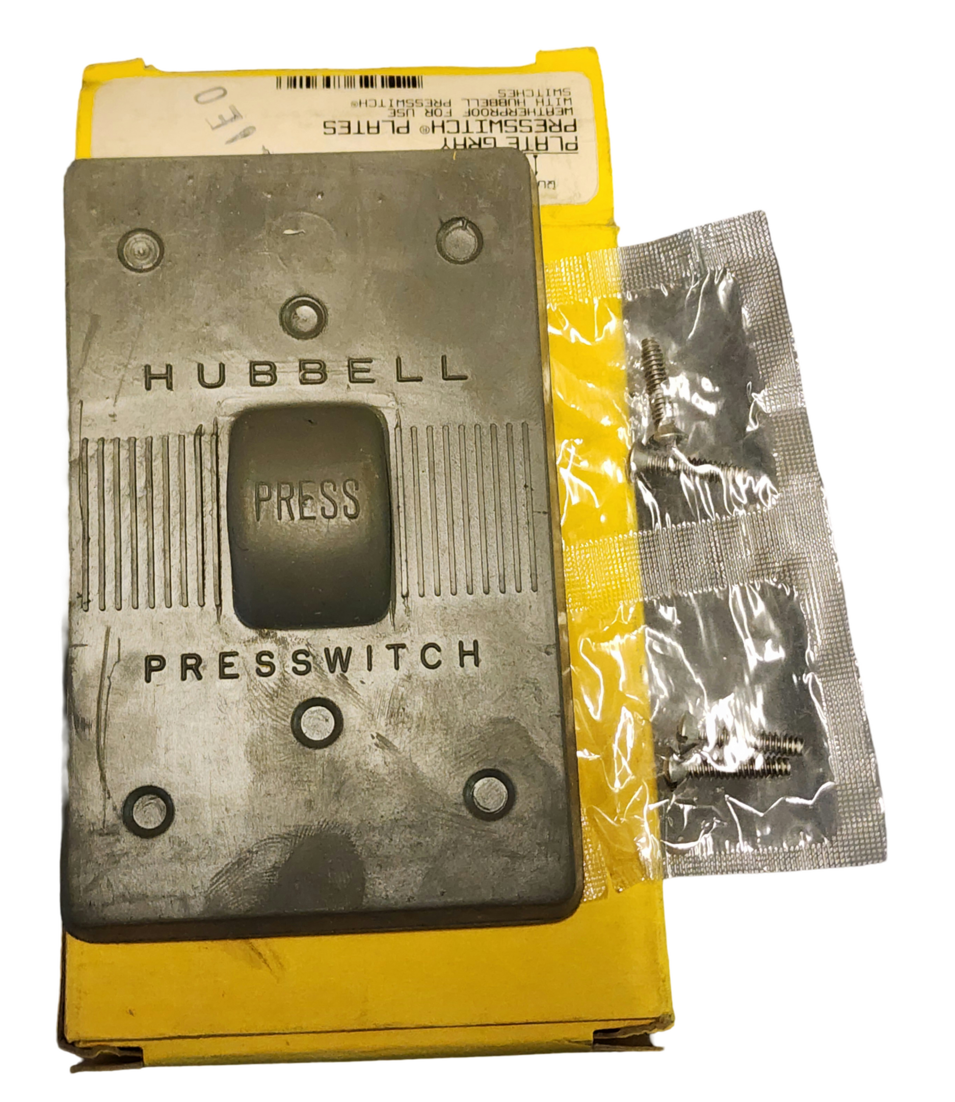 One Hubbell Plate Gray Presswitch 1750.  Two Hubbell Presswitch Red Pilot Light Single Pole 20A 120V HBL1297. Four Hubbell Metal Raceway Receptacle Boxes HBL5745IV, one not sealed.