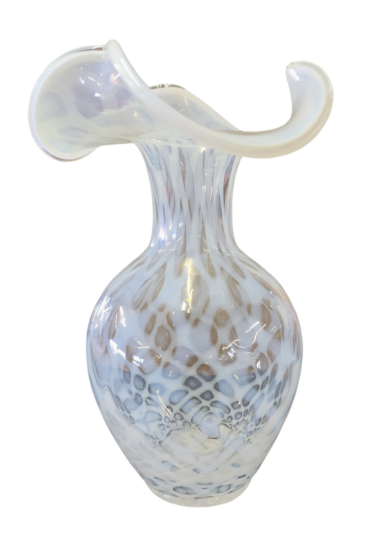 Fenton French Opalescent Diamond Optic Vase, 9" Tall, Handmade Art Glass