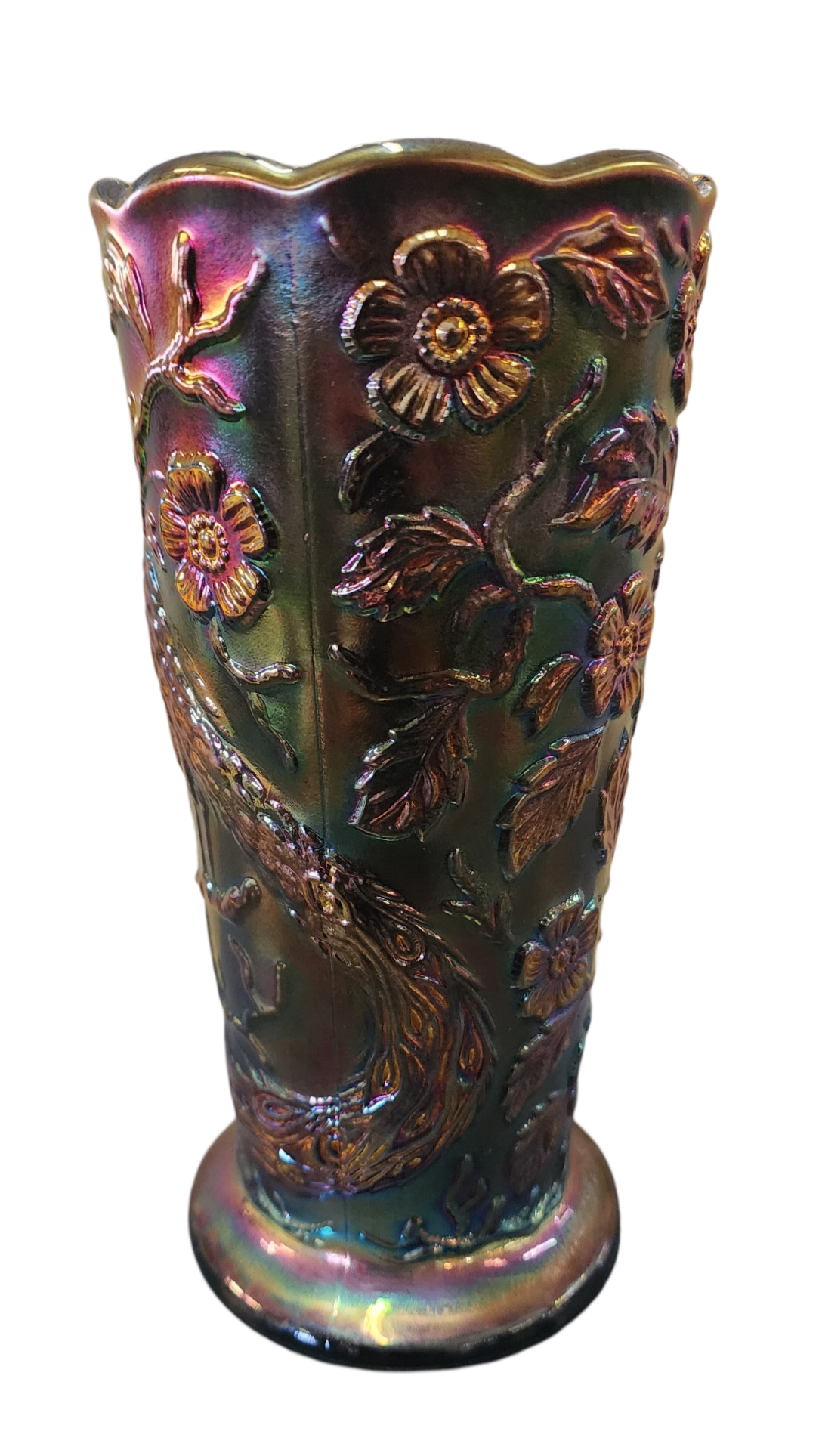 Fenton Carnival Glass Peacock Vase, 8" Tall x 4" Wide, Iridescent Finish