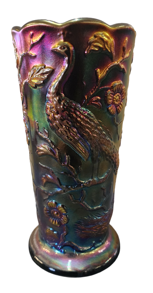 Fenton Carnival Glass Peacock Vase, 8" Tall x 4" Wide, Iridescent Finish