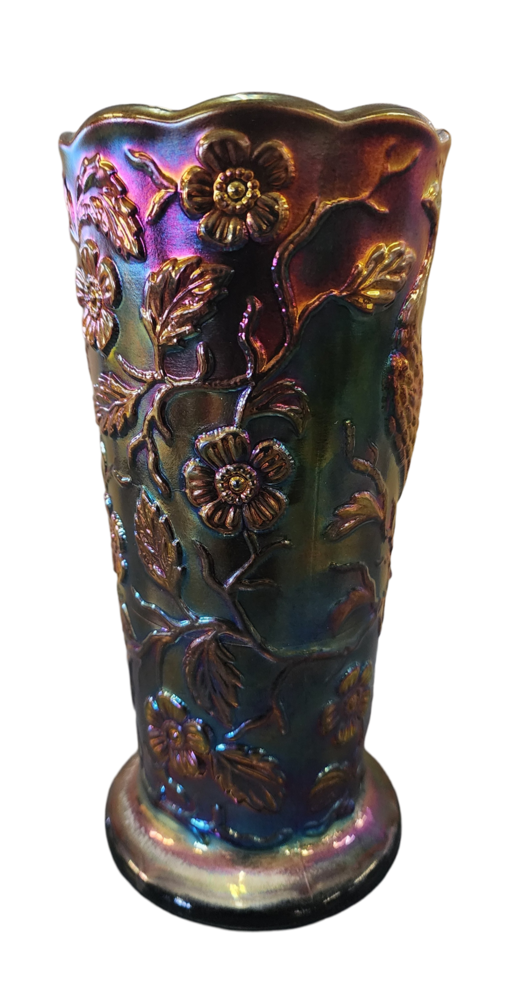 Fenton Carnival Glass Peacock Vase, 8" Tall x 4" Wide, Iridescent Finish