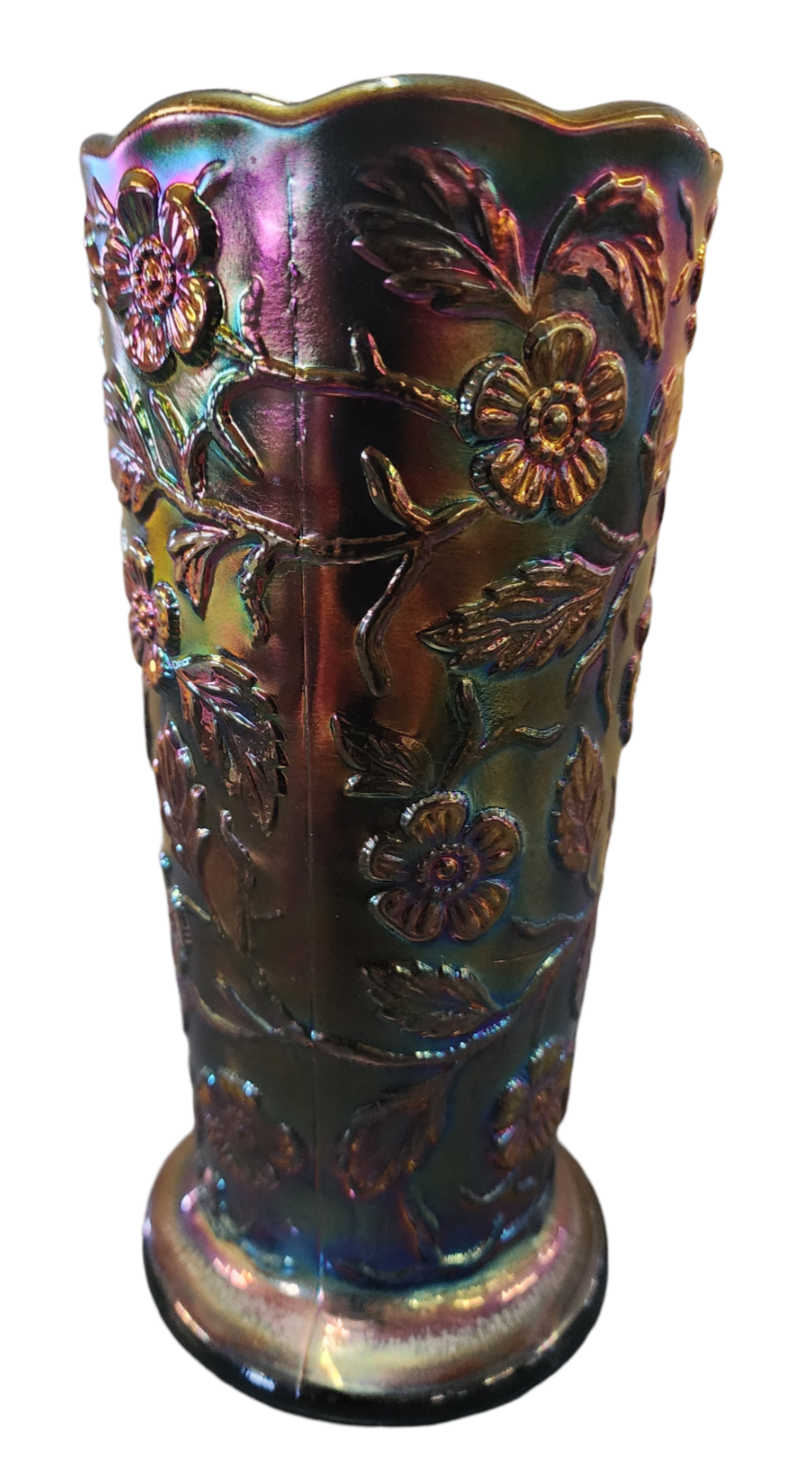 Fenton Carnival Glass Peacock Vase, 8" Tall x 4" Wide, Iridescent Finish