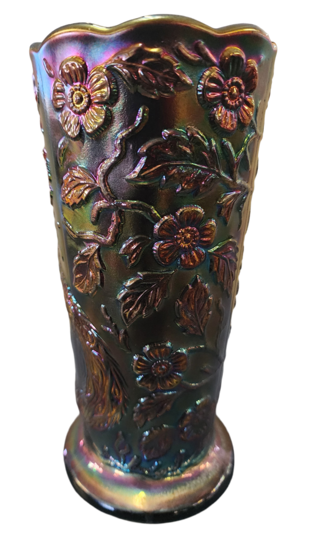 Fenton Carnival Glass Peacock Vase, 8" Tall x 4" Wide, Iridescent Finish