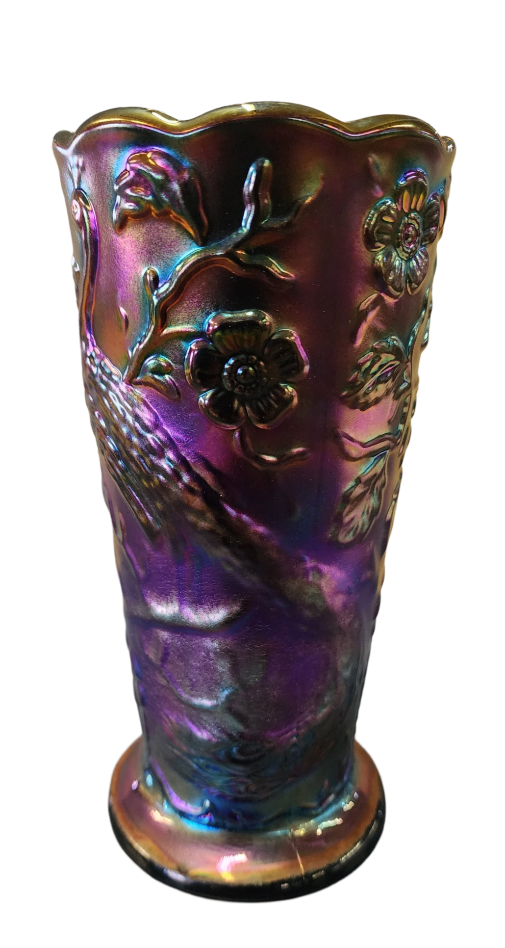 Fenton Carnival Glass Peacock Vase, 8" Tall x 4" Wide, Iridescent Finish-FP2