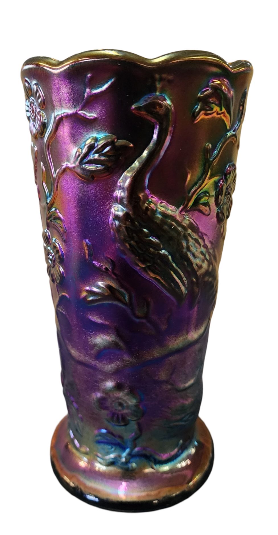 Fenton Carnival Glass Peacock Vase, 8" Tall x 4" Wide, Iridescent Finish-FP2