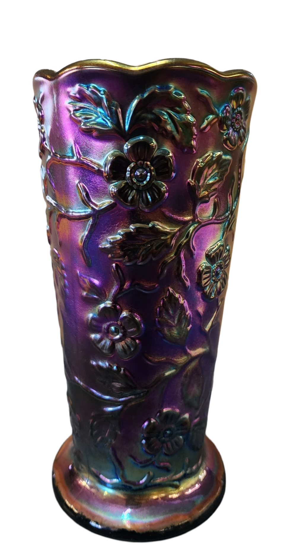 Fenton Carnival Glass Peacock Vase, 8" Tall x 4" Wide, Iridescent Finish-FP2