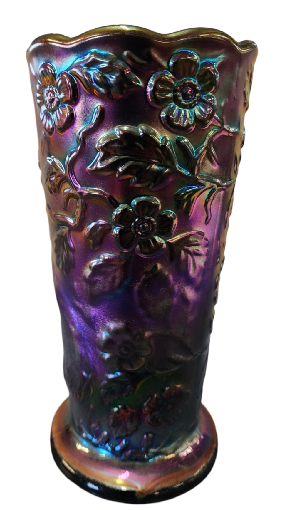 Fenton Carnival Glass Peacock Vase, 8" Tall x 4" Wide, Iridescent Finish-FP2