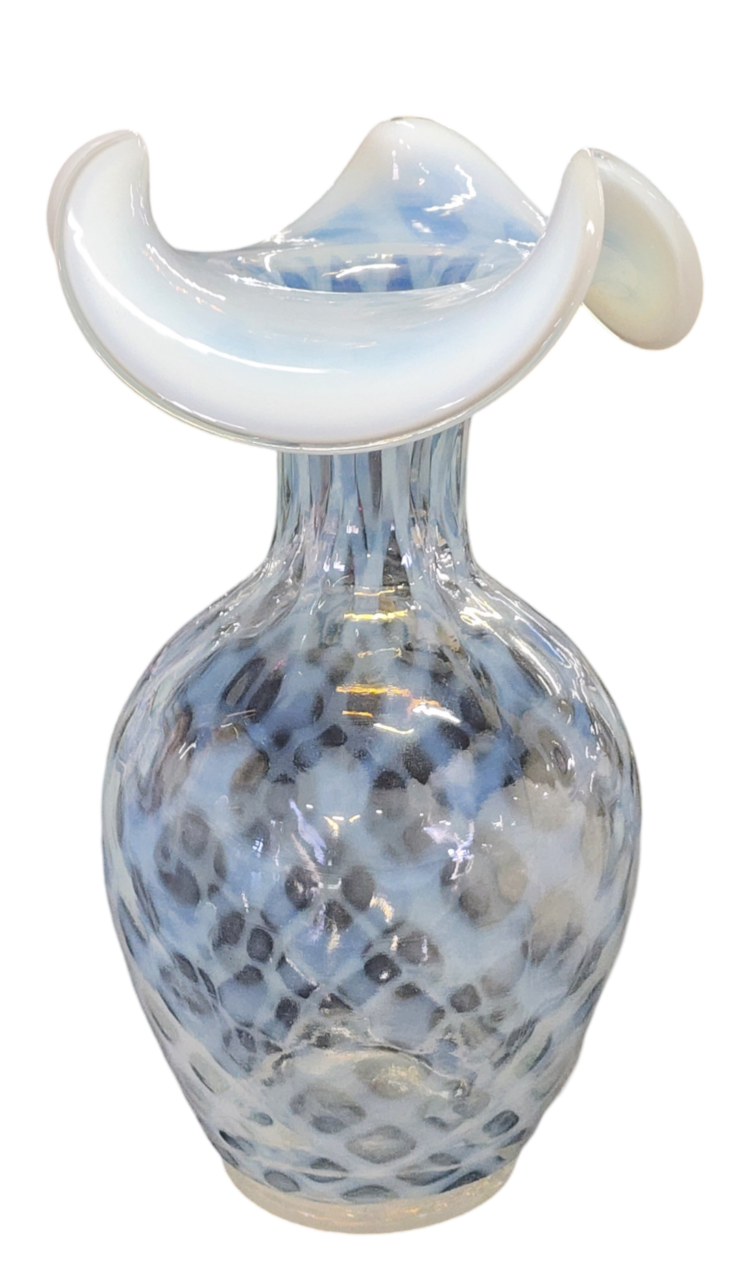 Fenton French Opalescent Diamond Optic Vase, 9" Tall, Handmade Art Glass-FF2