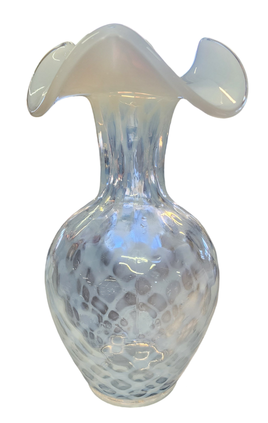 Fenton French Opalescent Diamond Optic Vase, 9" Tall, Handmade Art Glass-FF3