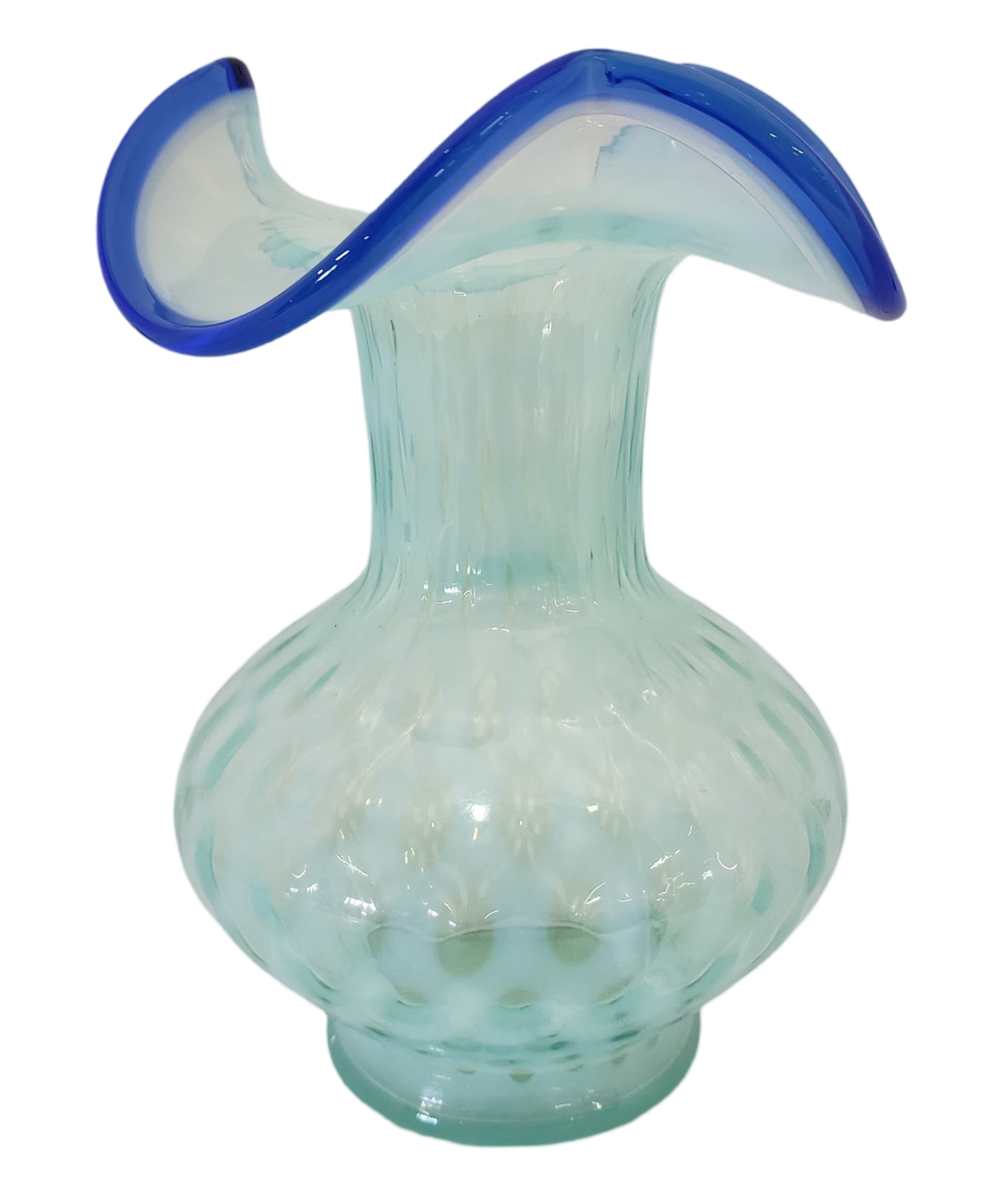 Fenton Blue Opalescent Diamond Optic Art Glass Vase, 7" Tall x 5" Wide