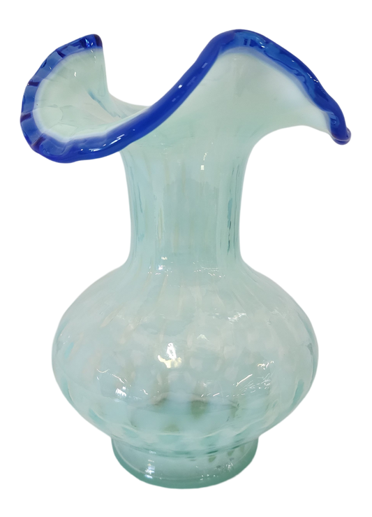 Fenton Blue Opalescent Diamond Optic Art Glass Vase, 7" Tall x 5" Wide-FB2