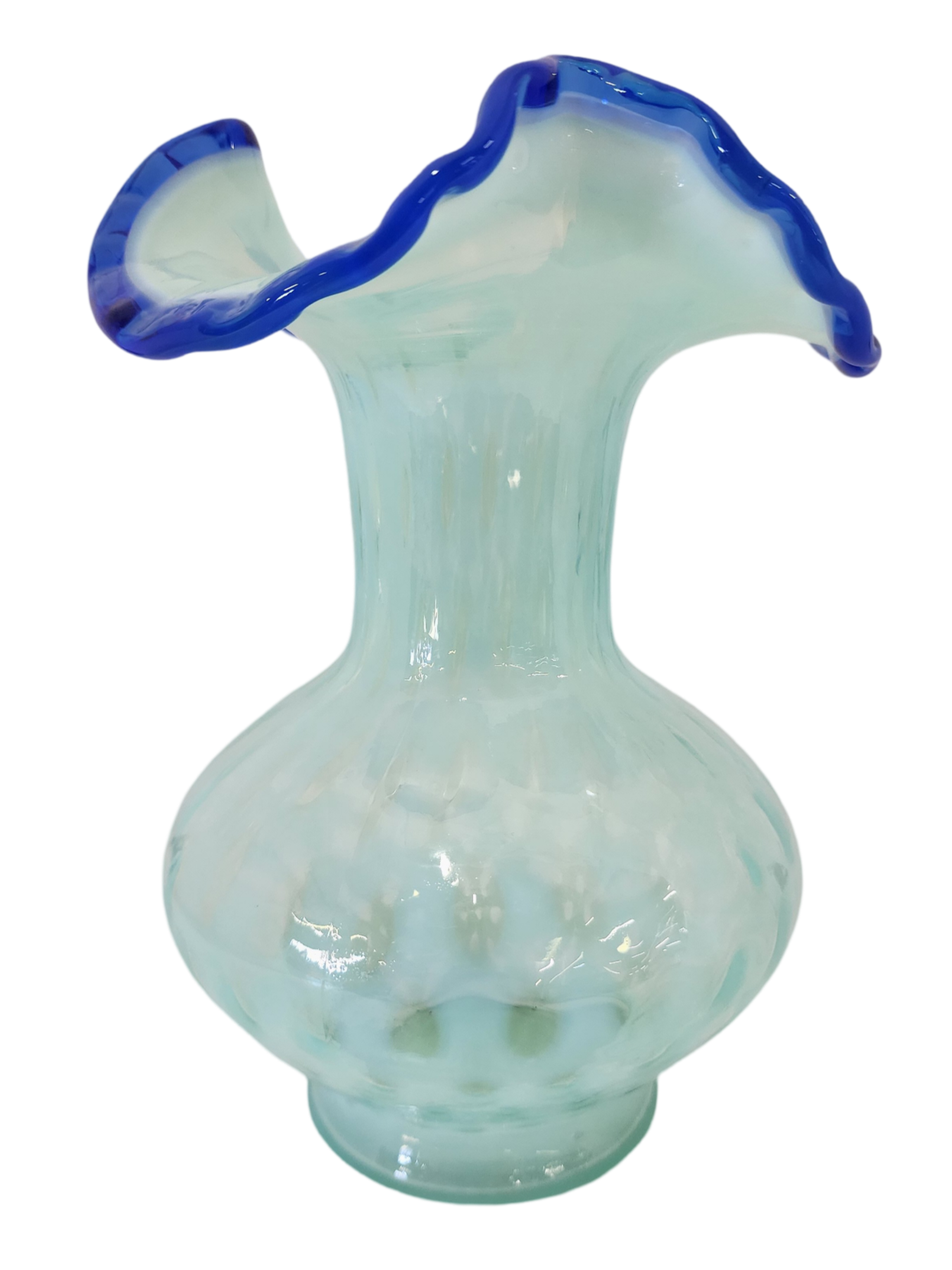 Fenton Blue Opalescent Diamond Optic Art Glass Vase, 7" Tall x 5" Wide-FB2