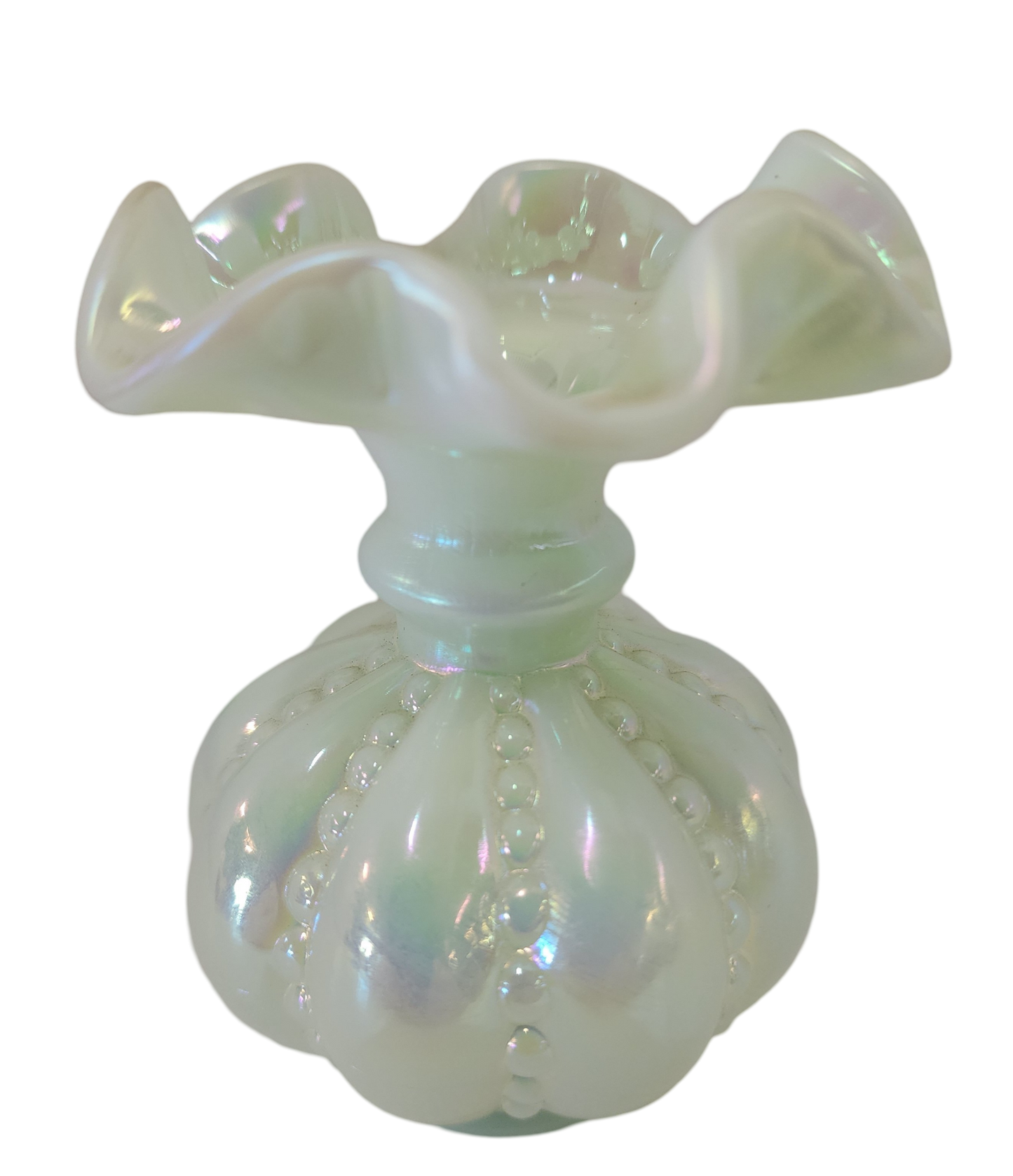 Fenton Sea Green Satin Opalescent Beaded Melon Vase-4.5" Tall-3.5" Wide