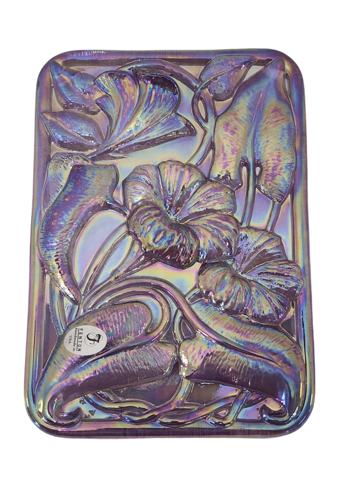 Fenton Art Glass Violet Iridescence Table Sconce w/ Raised Lilies-5" x 7"