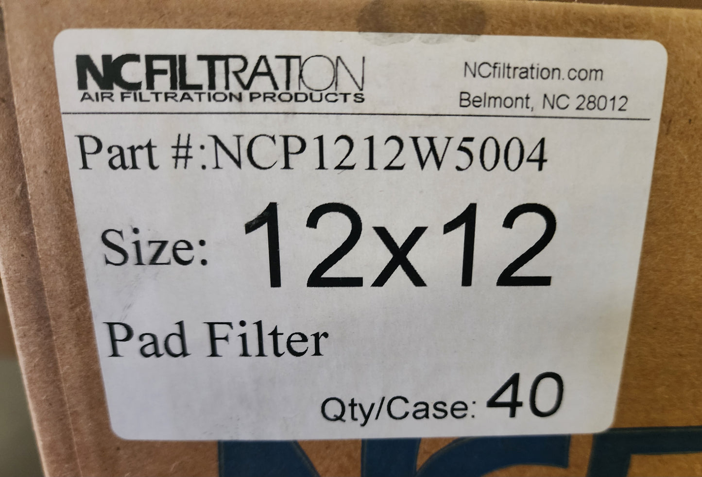 NCFiltration Pad Filter. 12 x 12. 40/Case. NCP1212W5004