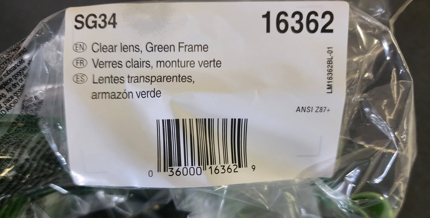 	Includes 50 pairs with clear lenses and green frames, suitable for both men and women. * Complies with ANSI Z87.1+ standard for impact protection and holds a D3 rating for droplet and splash protection. * Polycarbonate lenses offer 99.9% UVA/UVB/UVC protection.