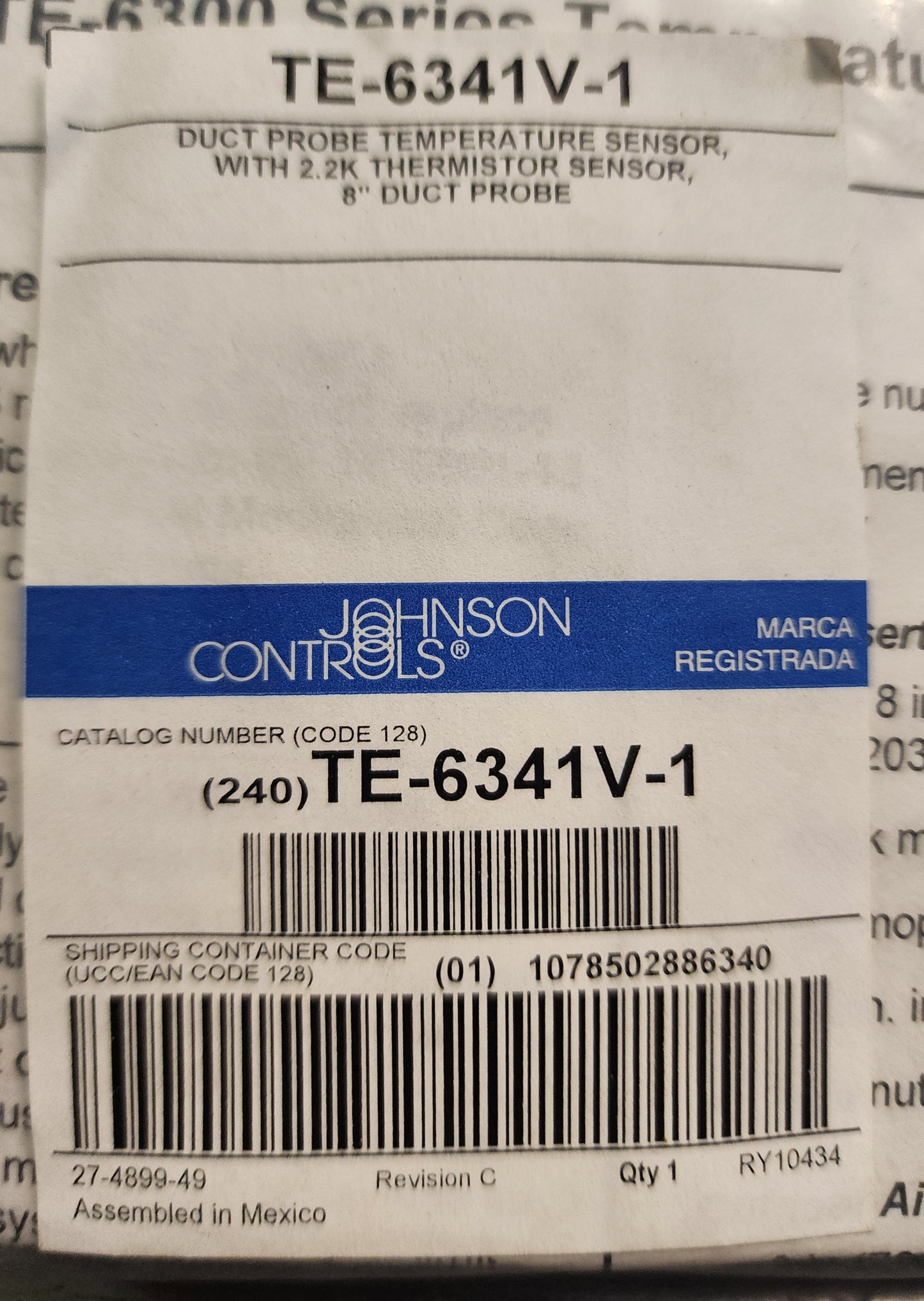 Johnson Controls TE-6341V-1 Duct Probe Temperature Sensor, 8" Probe