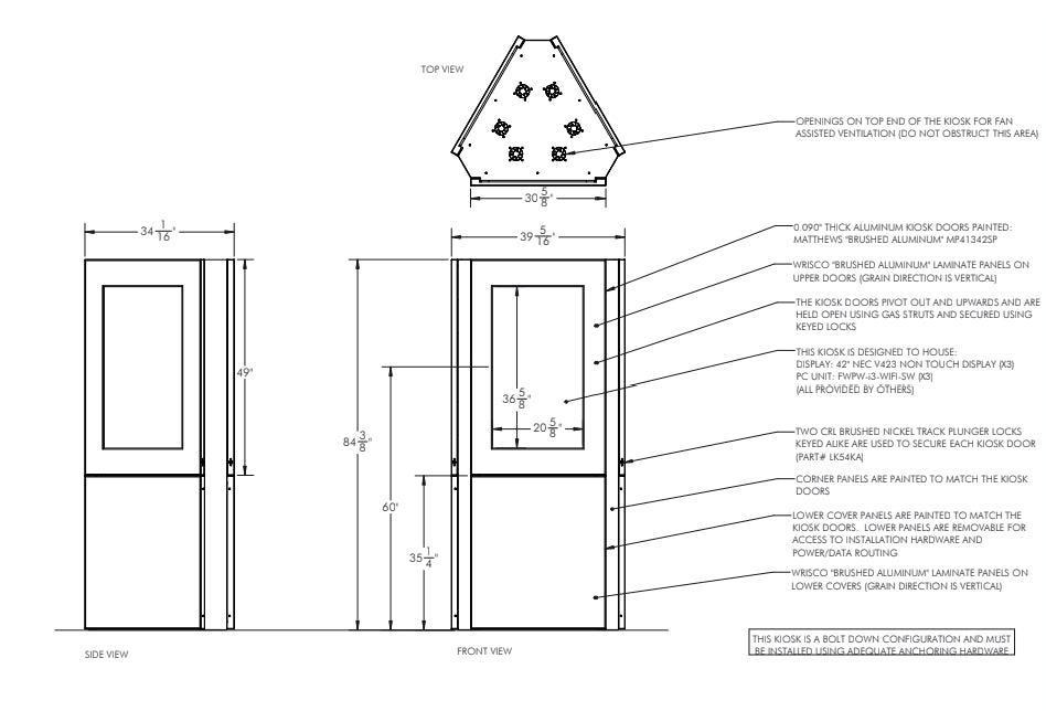 Floorstanding 3-Sided Portrait Kiosk Enclosure for Three 42" Displays, 84" Tall