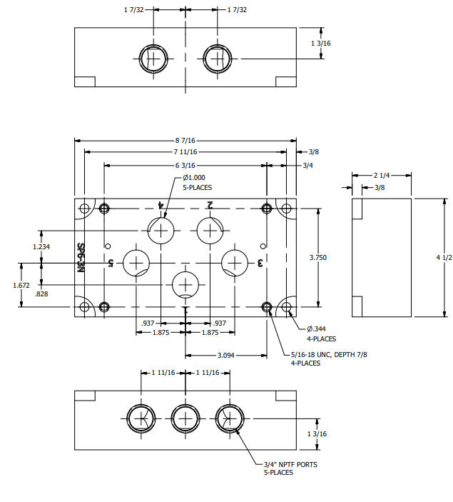 SP6-3N 3/4" NPTF Subplate Connection Base for 1" Size Subplate Valves