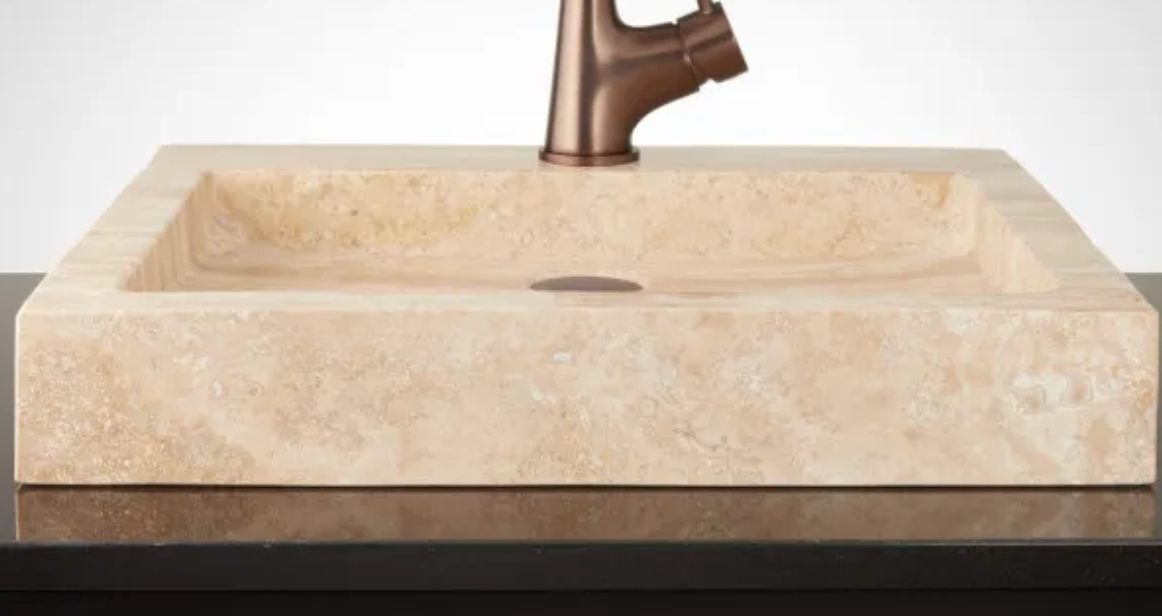 Square Polished Travertine Vessel Sink - Beige