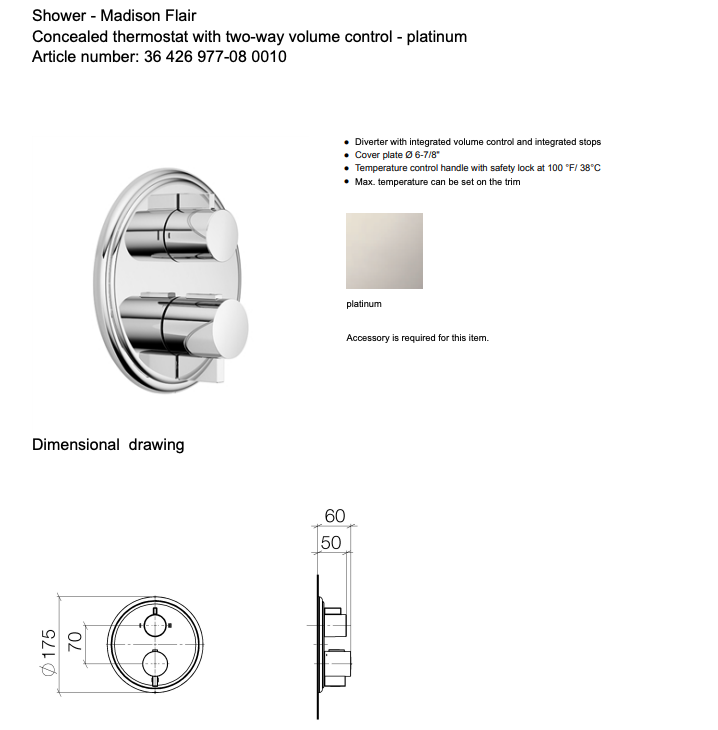 Dornbracht Madison Flair Thermostatic Shower Trim with Dual Volume Control-Platinum