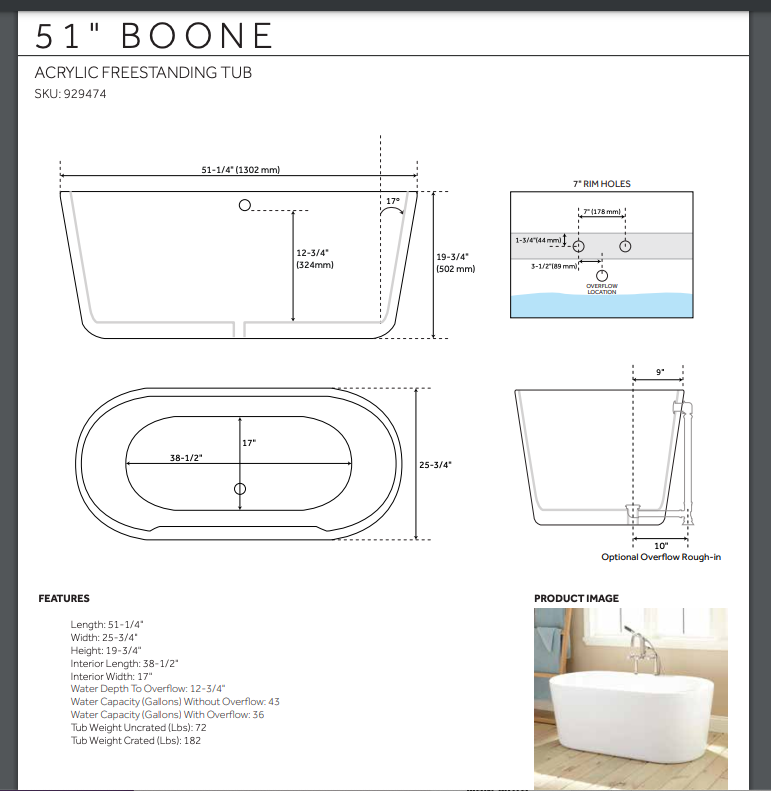 Signature Hardware Boone Freestanding Bathtub, White 51-1/4" x 25-3/4", Offset Drain