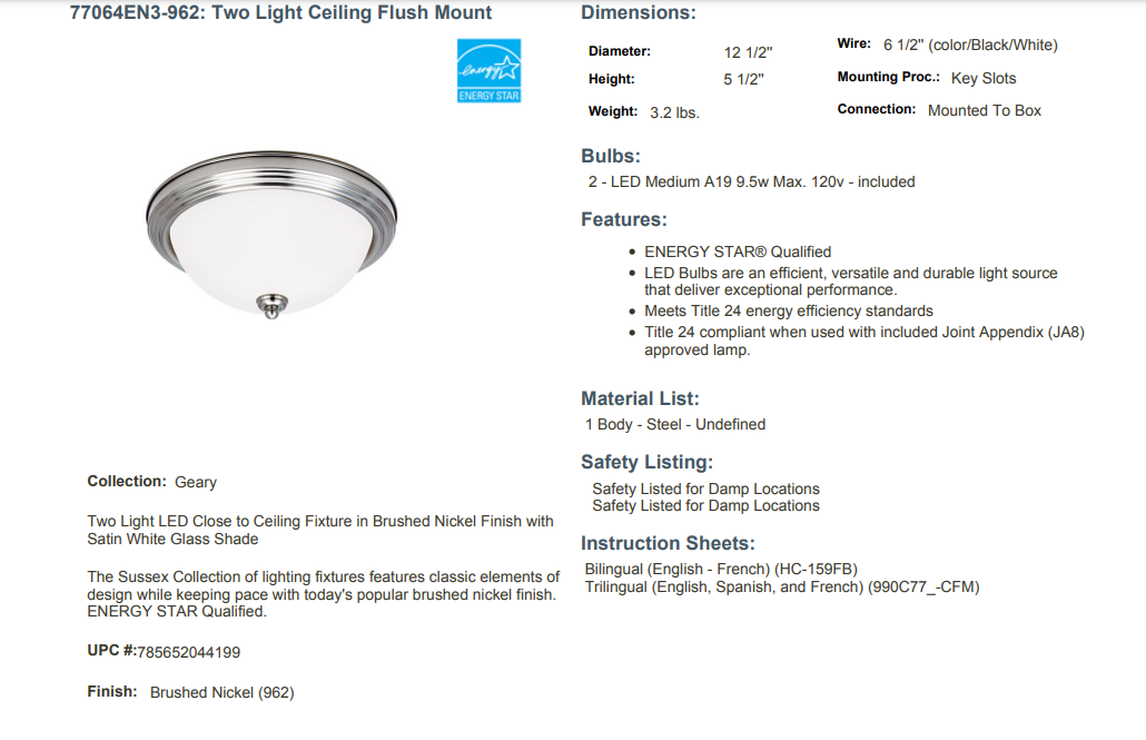 Generation Lighting 2-Light Ceiling Light in Brushed Nickel - Model 77064EN3-962