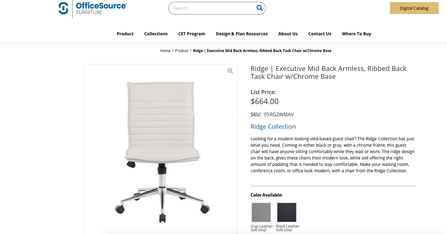 Office Source Ridge Executive Mid Back Armless, Ribbed Back Task Chair