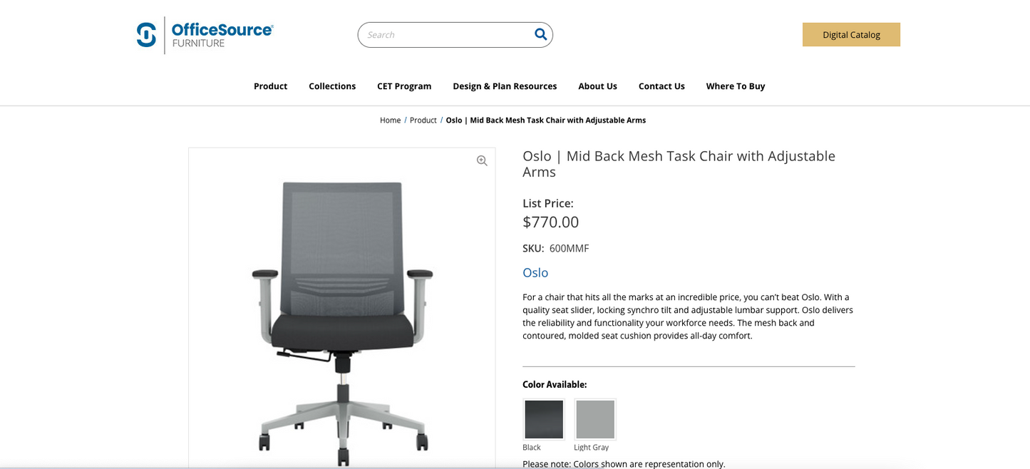 Office Source Oslo Mid Back Mesh Task Chair with Adjustable Arms