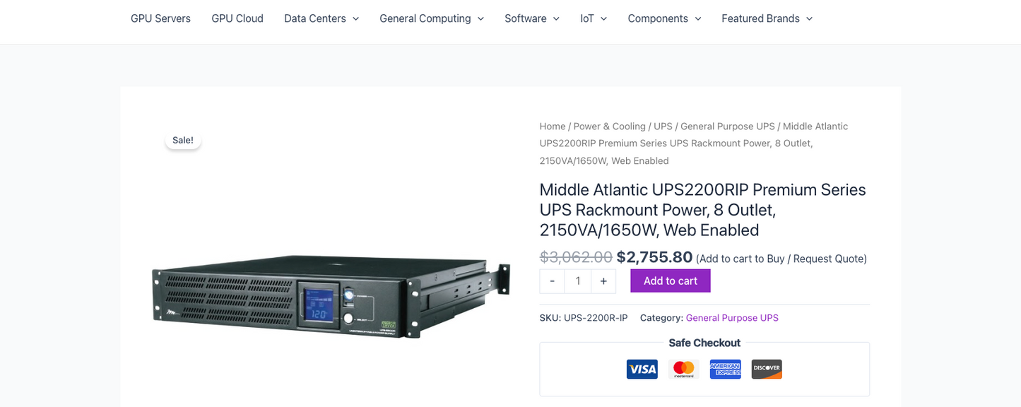 Middle Atlantic UPS-2200R-IP Premium Series UPS Rackmount Power