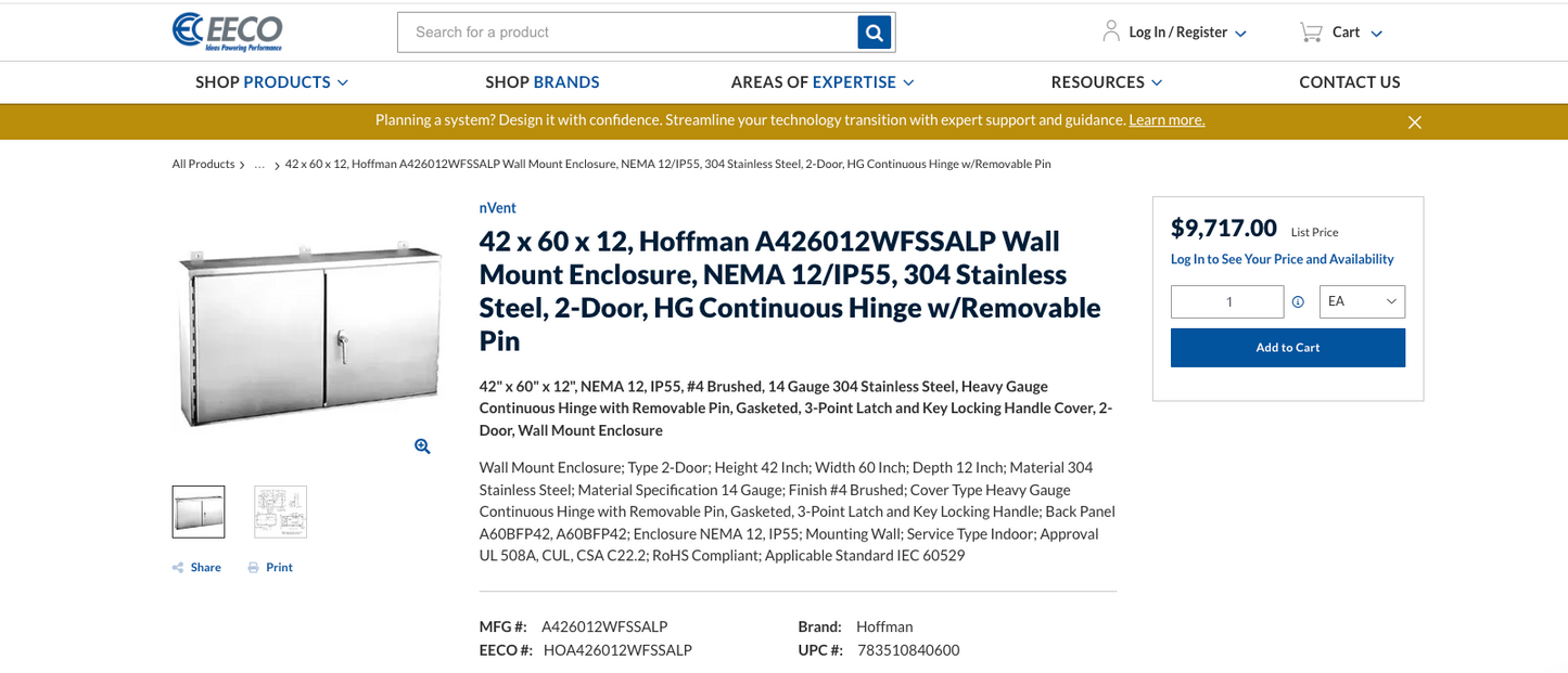 Hoffman A426012WFSSALP Wall Mount Enclosure 42x60x12 304 Stainless Steel NEMA 12