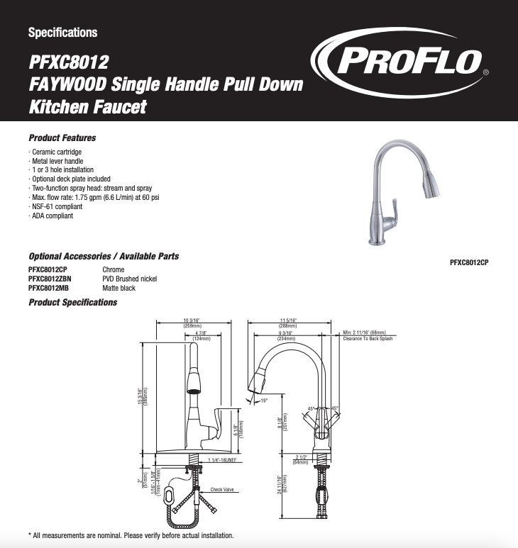 PROFLO PFXC8012ZBN Faywood Single Hole Pull-Down Kitchen Faucet, Brushed Nickel