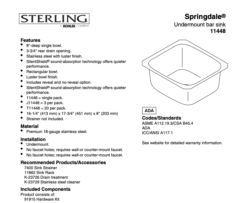 Sterling Springdale Stainless Steel Single Bowl Undermount Kitchen Sink 16.25"x17.75"x8"