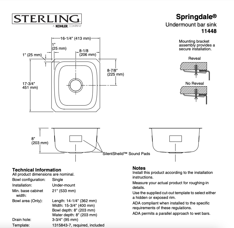 Sterling Springdale Stainless Steel Single Bowl Undermount Kitchen Sink 16.25"x17.75"x8"