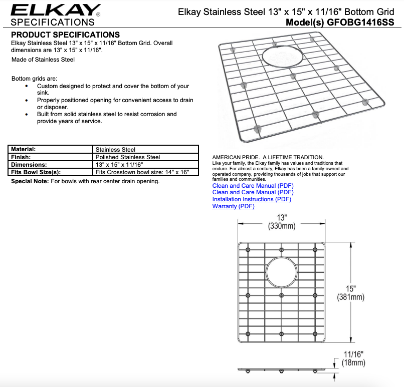 Elkay GFOBG1416SS 13" x 15" Stainless Steel Bottom Grid for Crosstown Sink Bowl