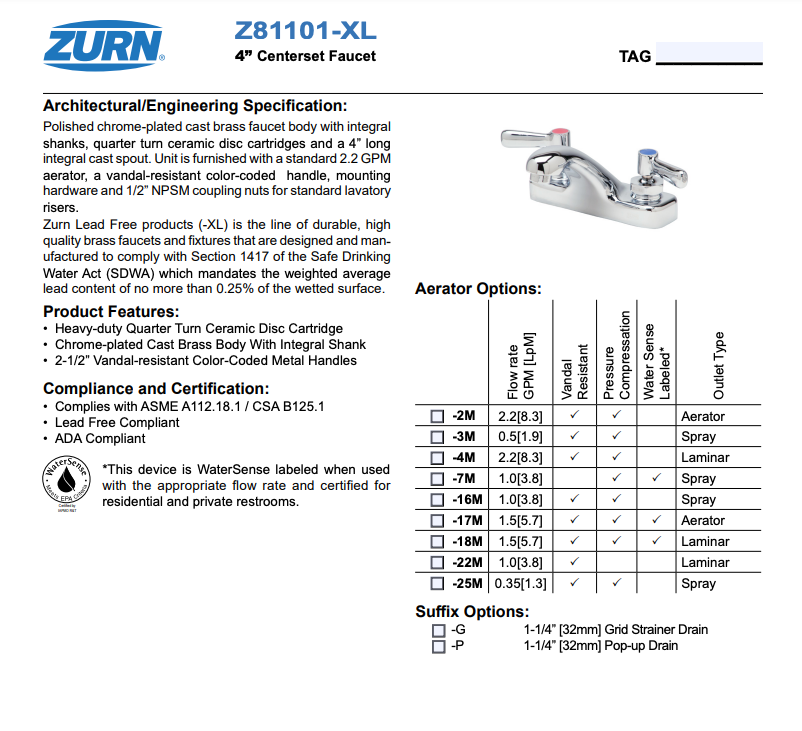 Zurn AquaSpec Commercial Faucet Z81101-XL-17M, 4" Centerset, Chrome, 1.5 GPM