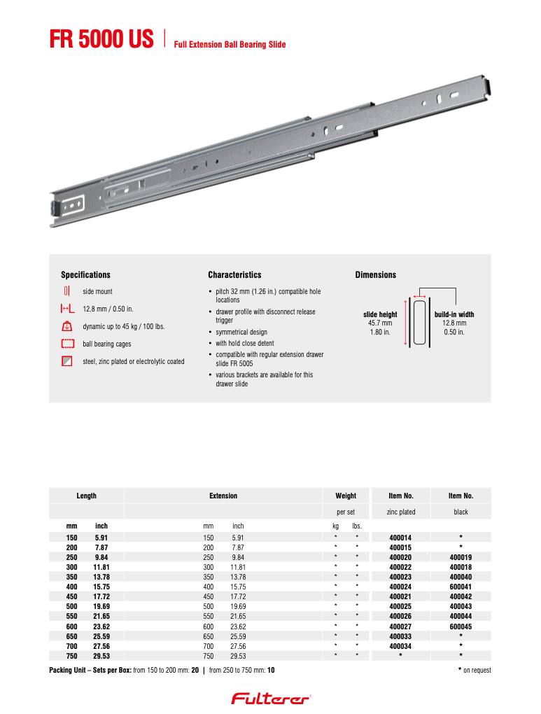 Fulterer Drawer Slides-100 lb-Ball Bearing, 20" & 18", Steel, Side Mount, Zinc