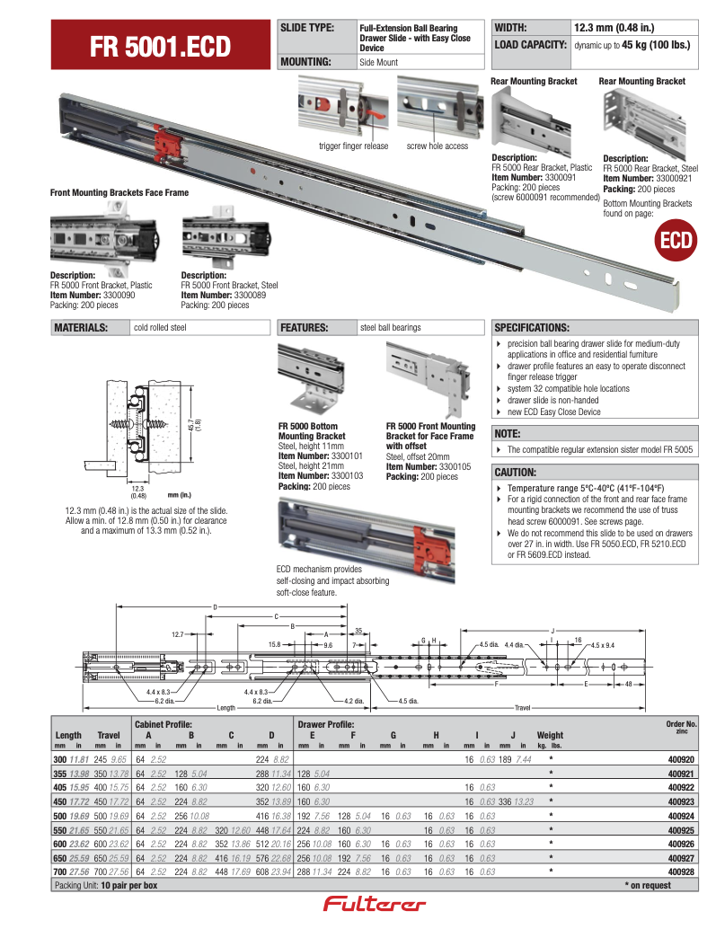 Fulterer Drawer Slides-100 lb-Ball Bearing, 20" & 18", Steel, Side Mount, Zinc