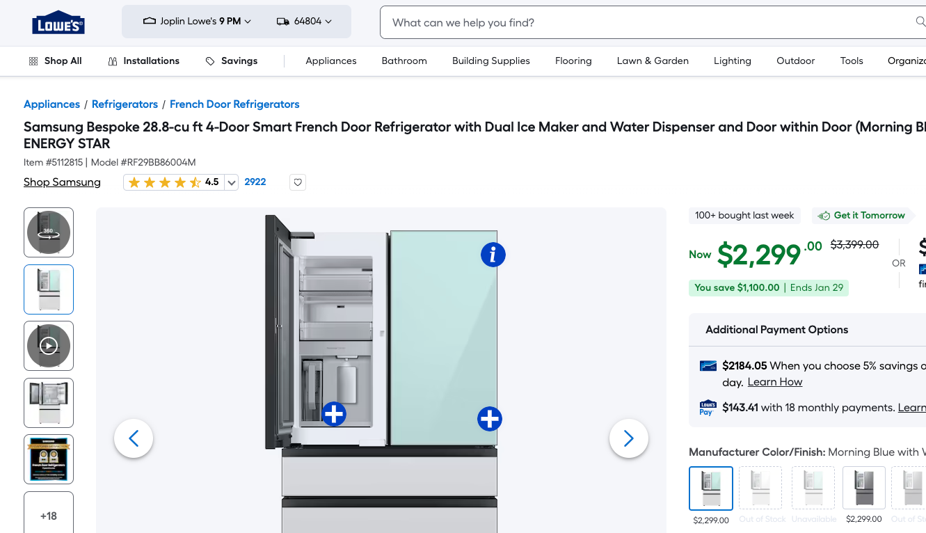 Samsung BESPOKE RF29BB86004M 36" 4-Door French Door Smart Refrigerator